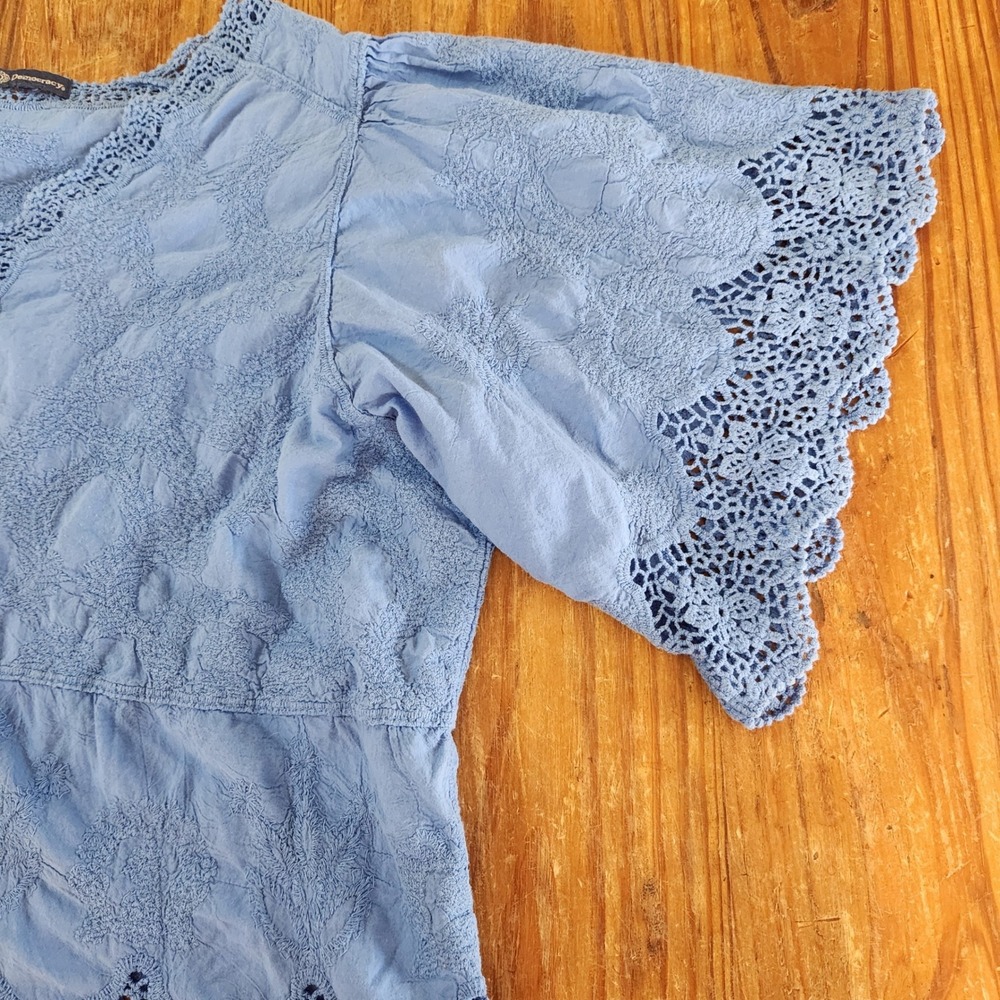 Democracy Women's 100% Cotton Plus Size 3X Crochet V-Neck Short Sleeve Top Blue - Picture 8 of 12